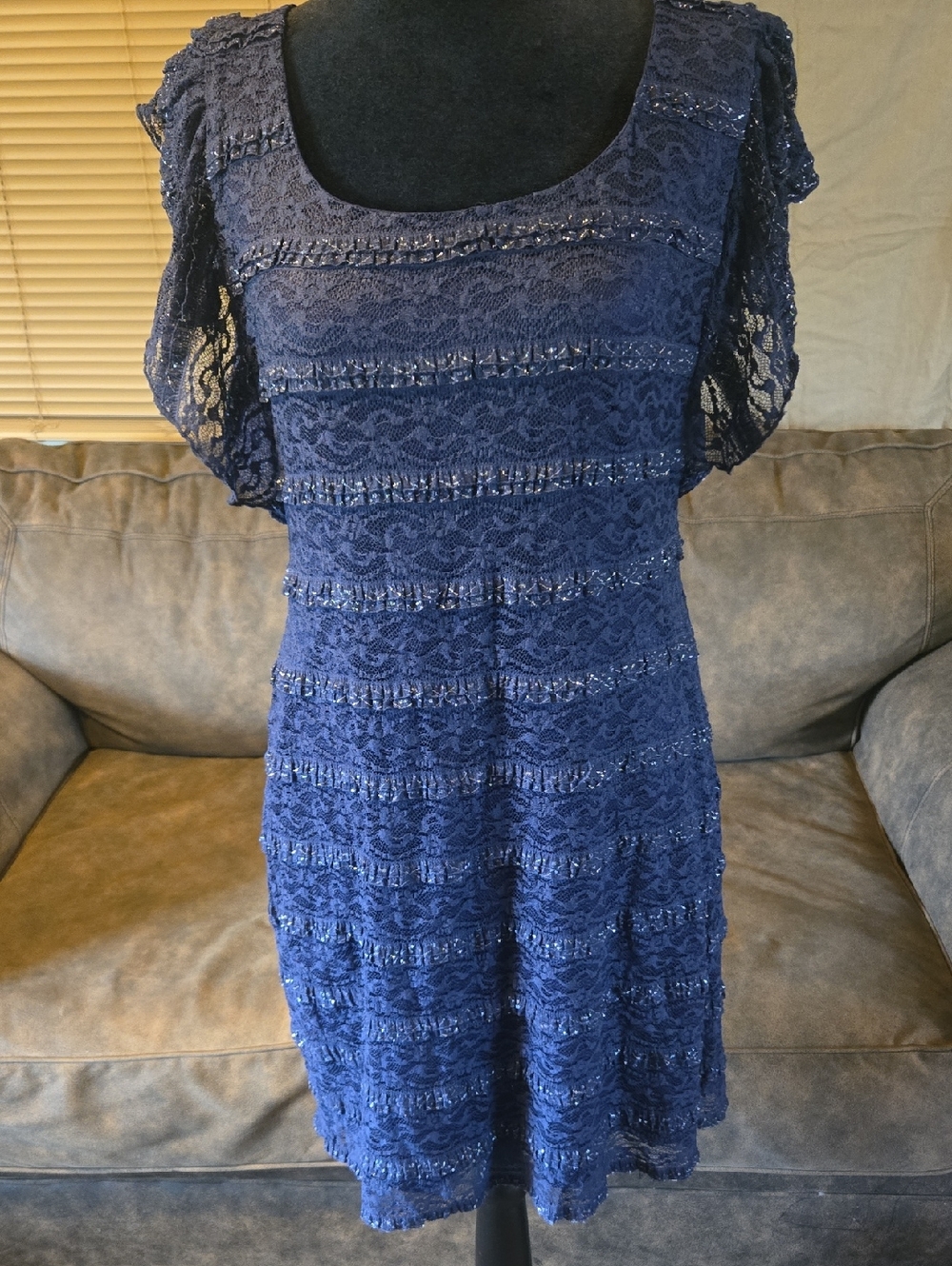 GUESS Navy Lace Mini Dress with Sheer Flutter Sleeves